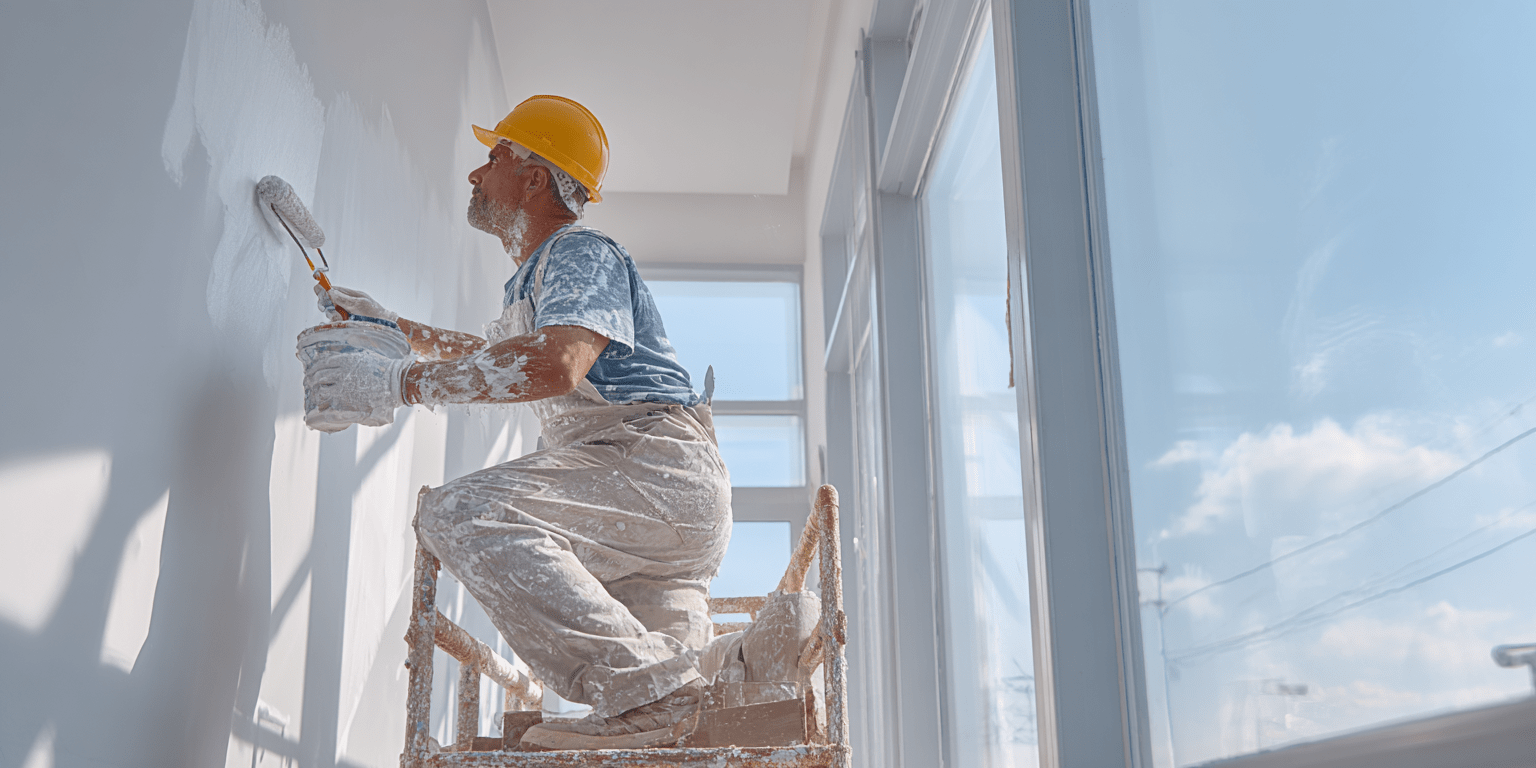 Servicio de Pintura para Casas y Departamentos salta capital hombre pintando para Casas y Departamentos con un casco amarillo